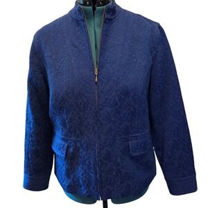 Chico's Royal Blue Quilted Floral Jacket Stand Collar Zipper Front Sz 2 L